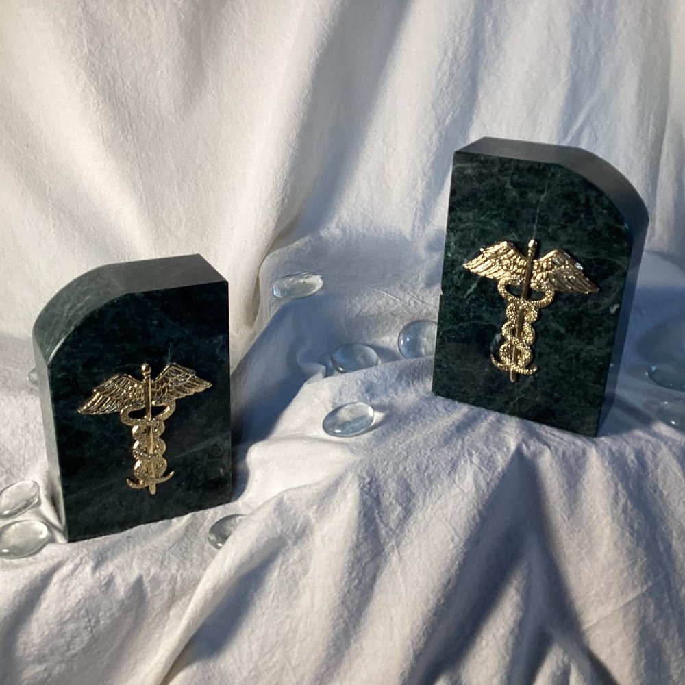 Green Marble & Caduceus Medical Bookends